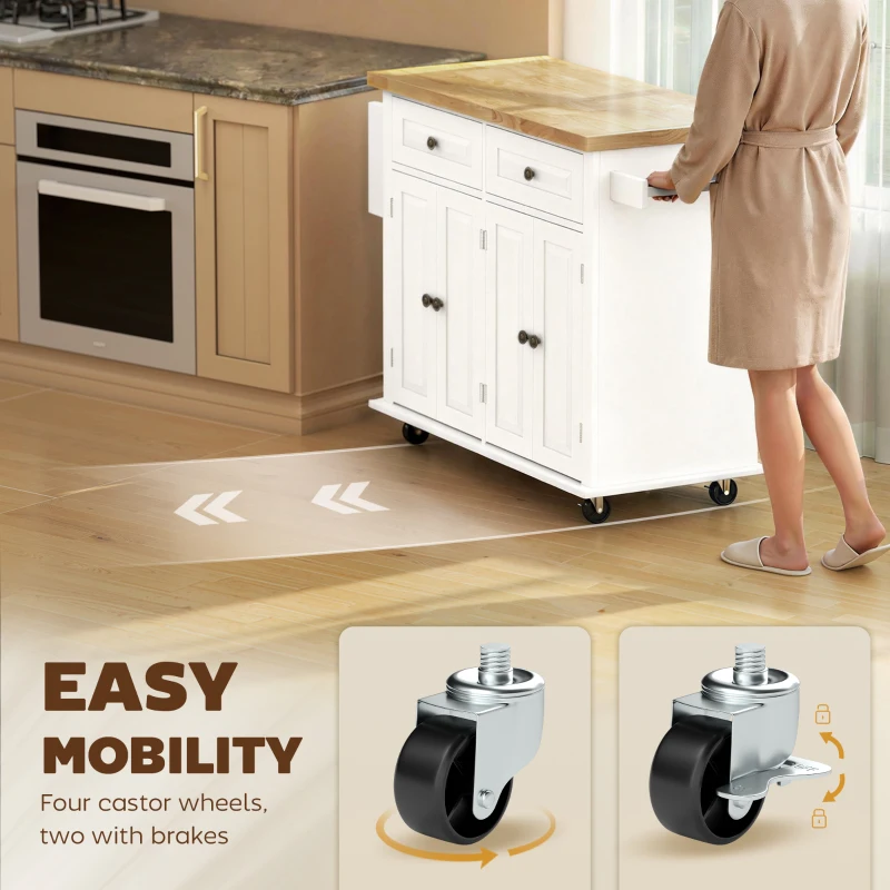 HOMCOM 44" Mobile Kitchen Island Table, Kitchen Island Cart on Wheels with Storage Cabinets, 2 Drawers, White