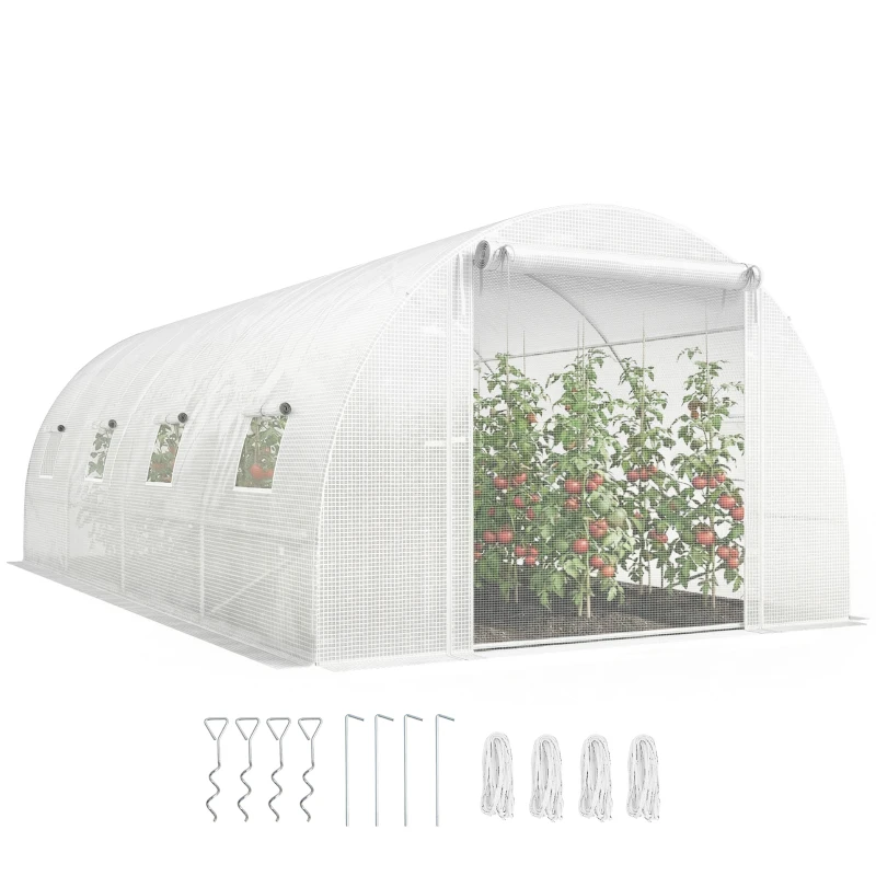 Outsunny Walk-in Tunnel Greenhouse with 2 Support Rods, Mesh Door, Plant Hot House with PE Cover, 20'x10'x7', White