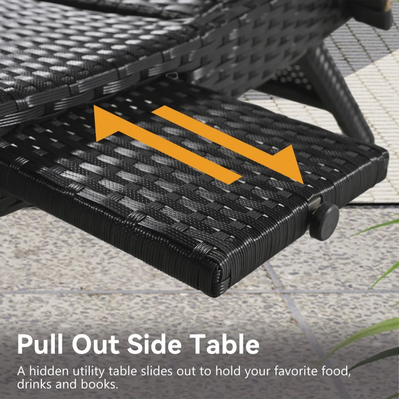 Set of 2 Outdoor Lounge Chairs with Pull‑Out Side Table, Ergonomic Recliners with 5‑Level Adjustable Backrest, 80'' L x 27'' W x 36'' H, Black