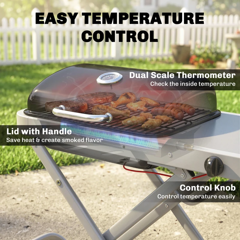 Outsunny Portable Propane Gas BBQ Grill with Foldable Cart, Wheels, 9500 BTU Gas Barbecue Grill with Piezo Ignition Burner, Black