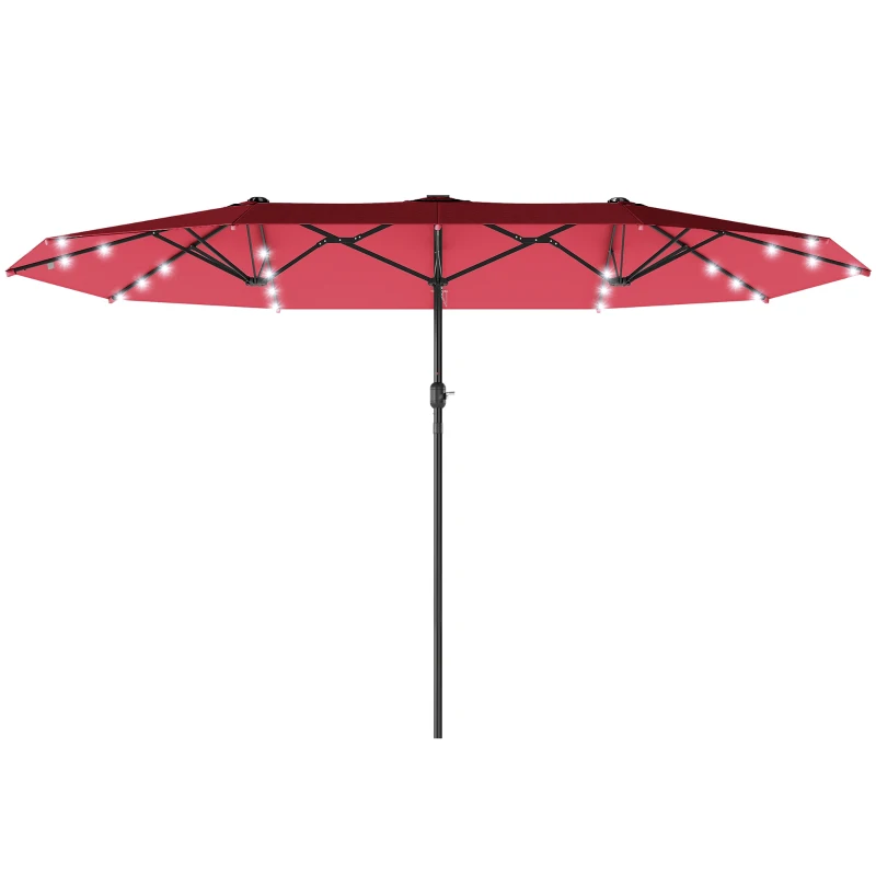 Outsunny 173.2" Double-Sided Sun Umbrella Garden Parasol Patio Sun Shade Outdoor with LED Solar Light, No Base Included, Wine Red