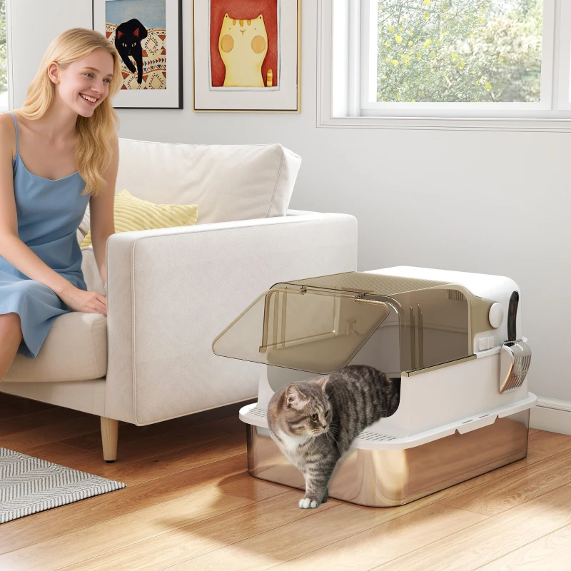 PawHut Stainless Steel Cat Litter Box, Easy-Clean Enclosure with Scoop & Flip Lid, 27.6" L x 19.7" W x 18.3" H, White