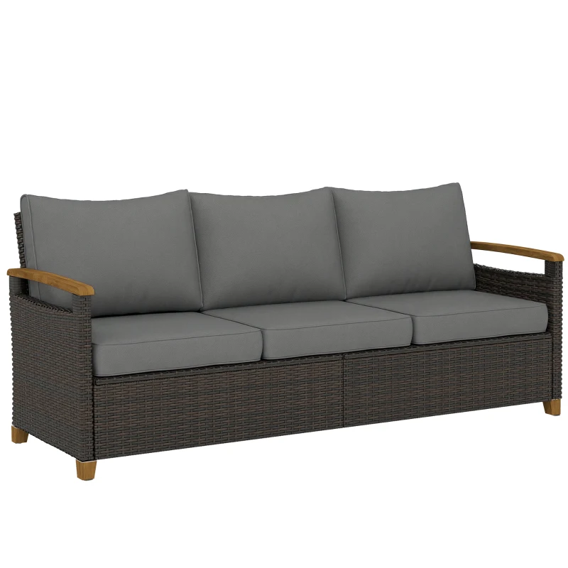 Outsunny 3 Seater Outdoor Couch Sofa, PE Wicker Patio Sofa, Wide Deep Seat, 4" Cushions, Wood-Effect Armrests Legs, Gray