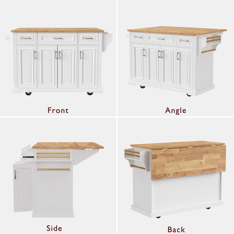 Rolling Kitchen Island with 3 Drawers and Adjustable Shelves, Stylish Kitchen Cart for Kitchen or Dining Area, 54'' L x 29.5'' W x 36'' H, White