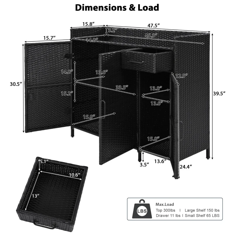 Outdoor Wicker Storage Cabinet with 3-Tier Adjustable Shelves, Stylish Bar Table for Garden, 47.5'' L x 16'' W x 39.5'' H, Black Brown