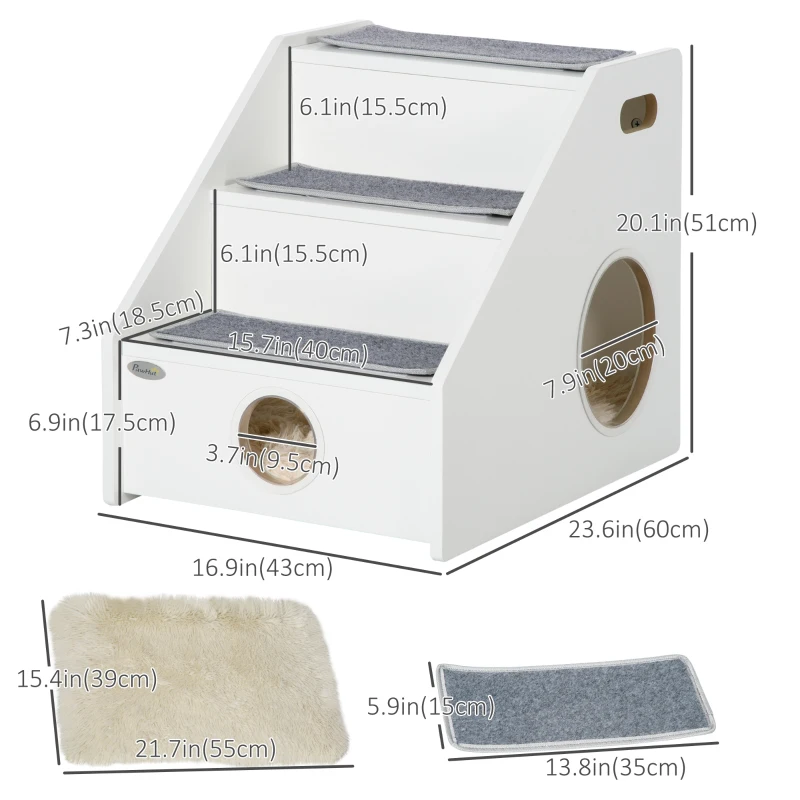 PawHut Pet Stairs for Miniature Dogs Hidden House, Cat Steps for Couch High Bed Sofa, Portable Puppy Stairs for Climbing with Handles, Non-Slip Carpet, Side Holes for Entry, White