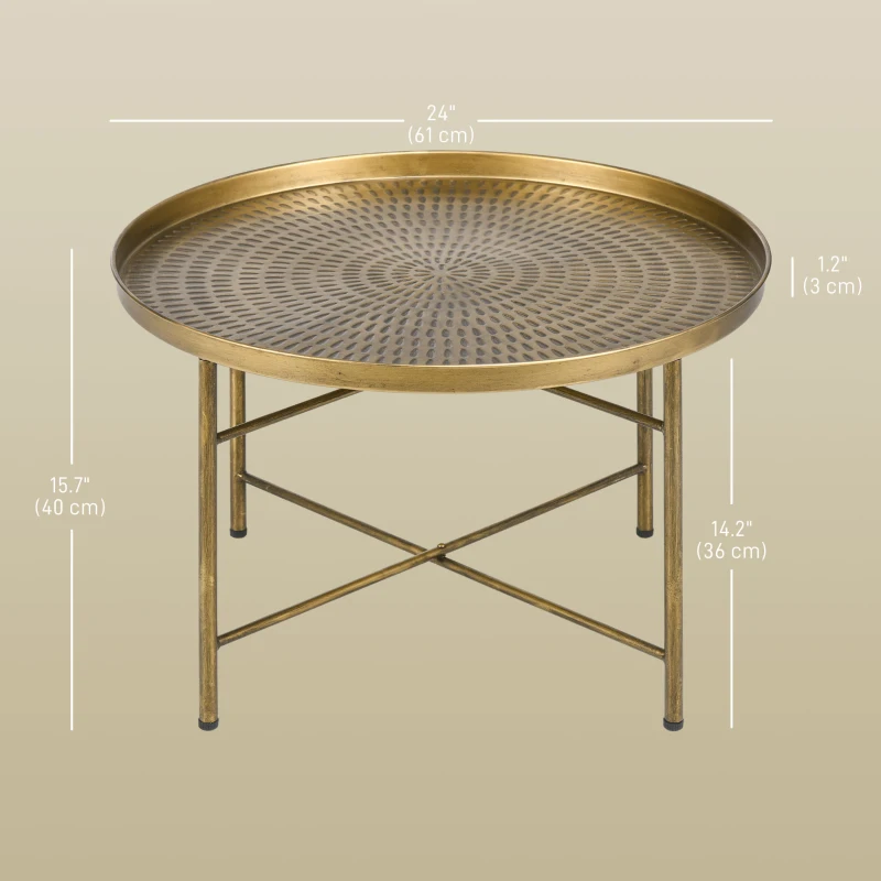 HOMCOM Vintage Coffee Table for Living Room, 24" Round Center Table with Hammered Tray Top and Metal Frame, Gold
