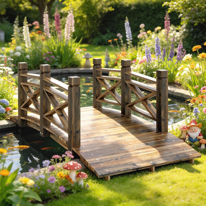 Outsunny Garden Bridge Wooden Arch Footbridge with Safety Rails Carbonized