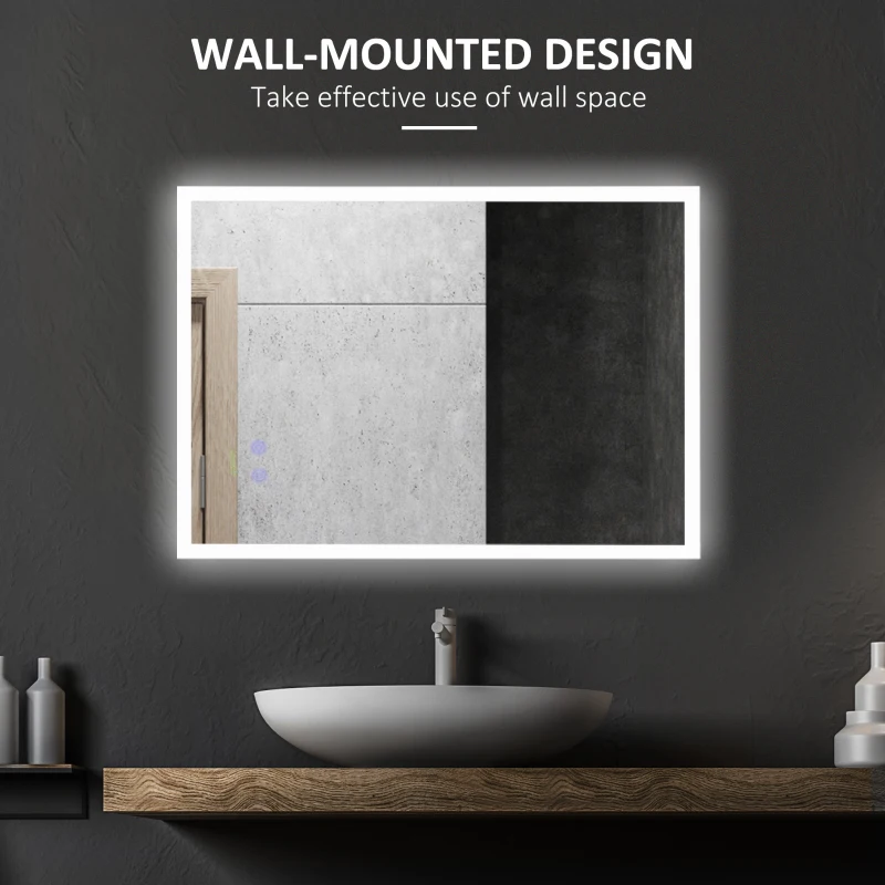 kleankin 28" x 20" LED Bathroom Mirror, Anti Fog Wall-Mounted Mirror with 3 Temperature Colors, Memory Function, Plug-in