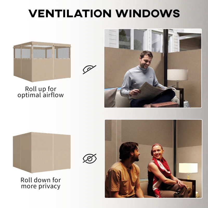 Outsunny Gazebo Curtains, 10' x 10' Universal Replacement Privacy Curtain, 4-Panels Sidewall with Roll up Mesh Windows, Khaki