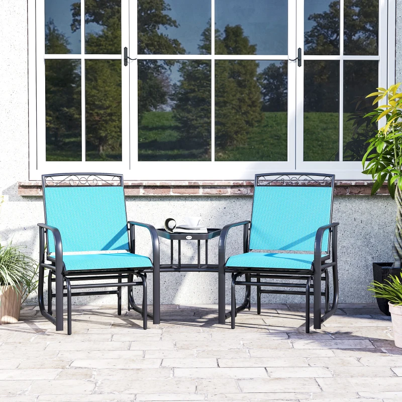 Outsunny Outdoor Glider Chairs with Coffee Table, Patio 2-Seat Rocking Chair Swing with Breathable Sling for Backyard, Blue