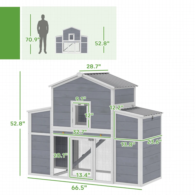 PawHut 66.5" Large Chicken Coop, Wooden Chicken House with 2 Nesting Boxes, Sliding Tray & Ramp, for Backyard Farm