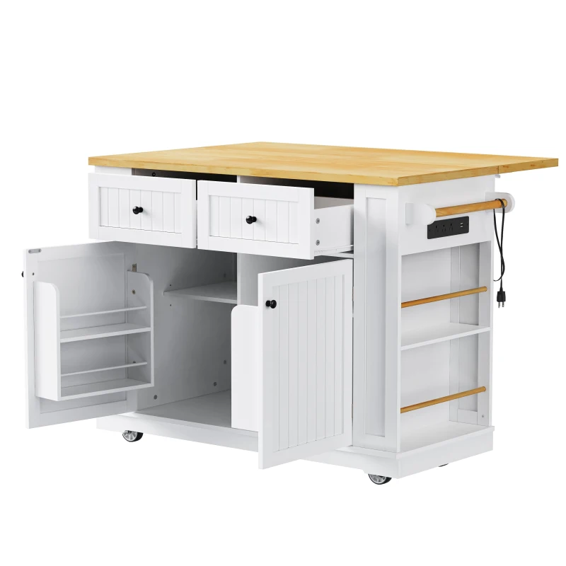 Generous Kitchen Island with 2 Deep Drawers and Drop Leaf, Rolling Storage Cart with Adjustable Shelves, 48'' L x 29.5'' W x 36.5'' H, White