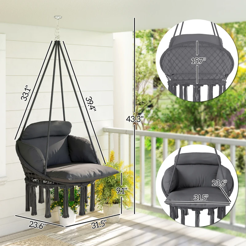 Outsunny Hammock Swing Chair, Macrame Hanging Chair with Large Cushion, Chain, Steel Frame for Indoor Outdoor Use, Dark Gray
