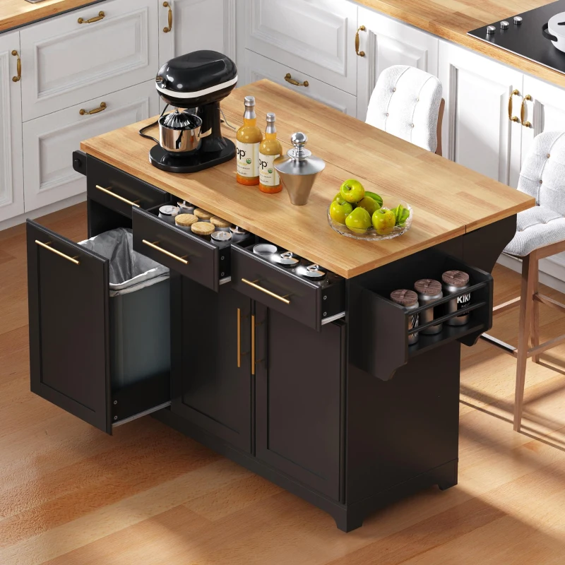Rolling Kitchen Island with Drop-Leaf Rubberwood Top, Versatile Storage Cart for Contemporary Homes, 59.5'' L x 29.5'' W x 35.5'' H, Black