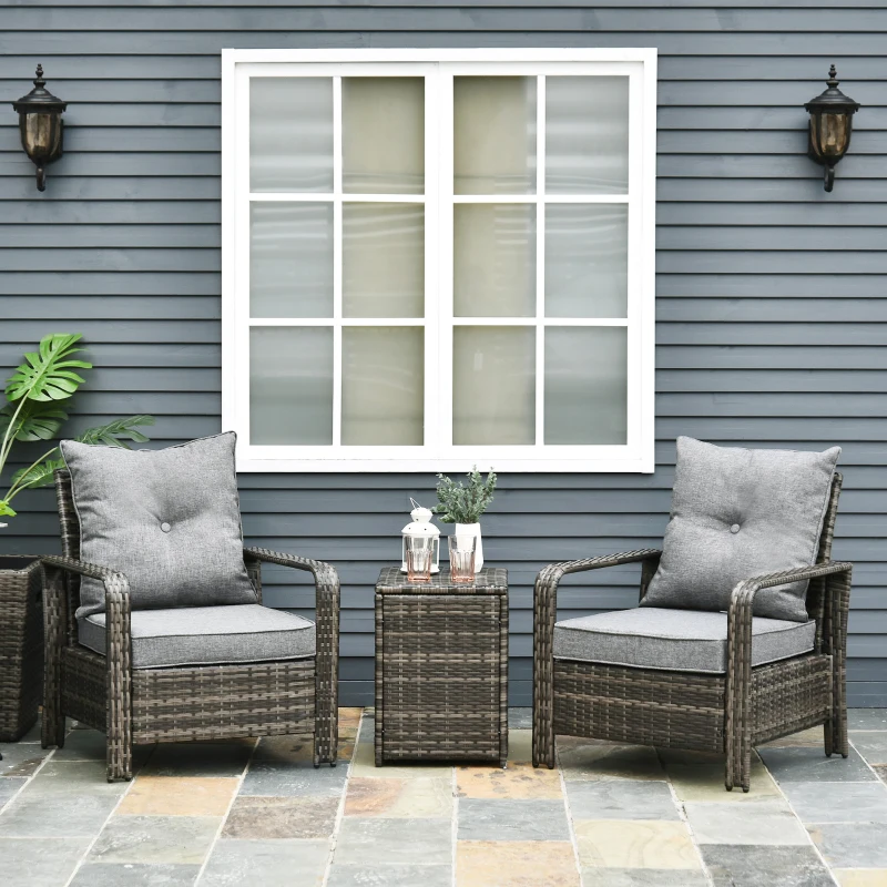 Outsunny 3 Piece Patio Furniture, PE Wicker Storage Table & Chairs, Gray
