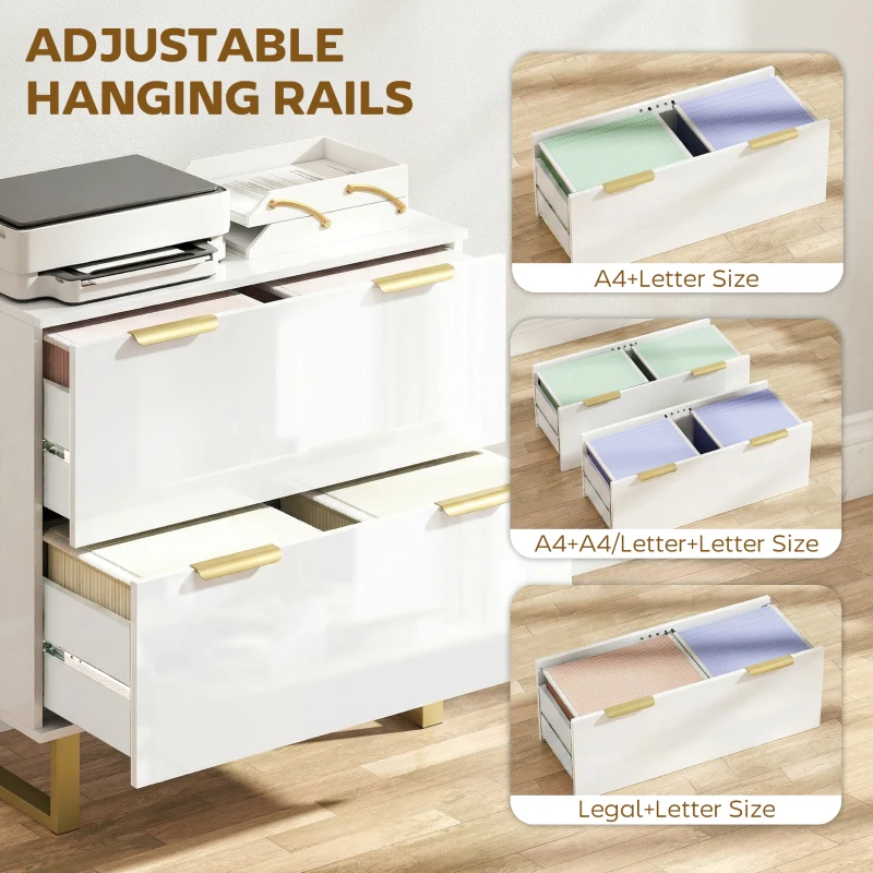 HOMCOM Lateral File Cabinet with 2 Drawers, Modern Filing Cabinet for Letter/A4/Legal Size Files, High Gloss White