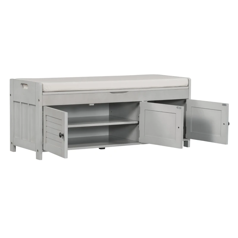 Rustic Storage Bench with Removable Linen-Blend Cushion, Functional Entryway Bench for Living Room, 43.5" L x 16" W x 18" H, Gray Wash