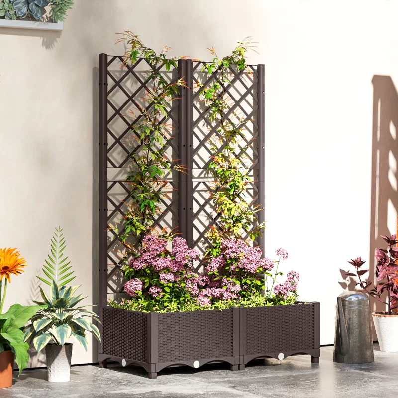 Outsunny Raised Garden Bed with Trellis, Plastic Raised Flower Bed with Drainage Holes and Drain Plugs