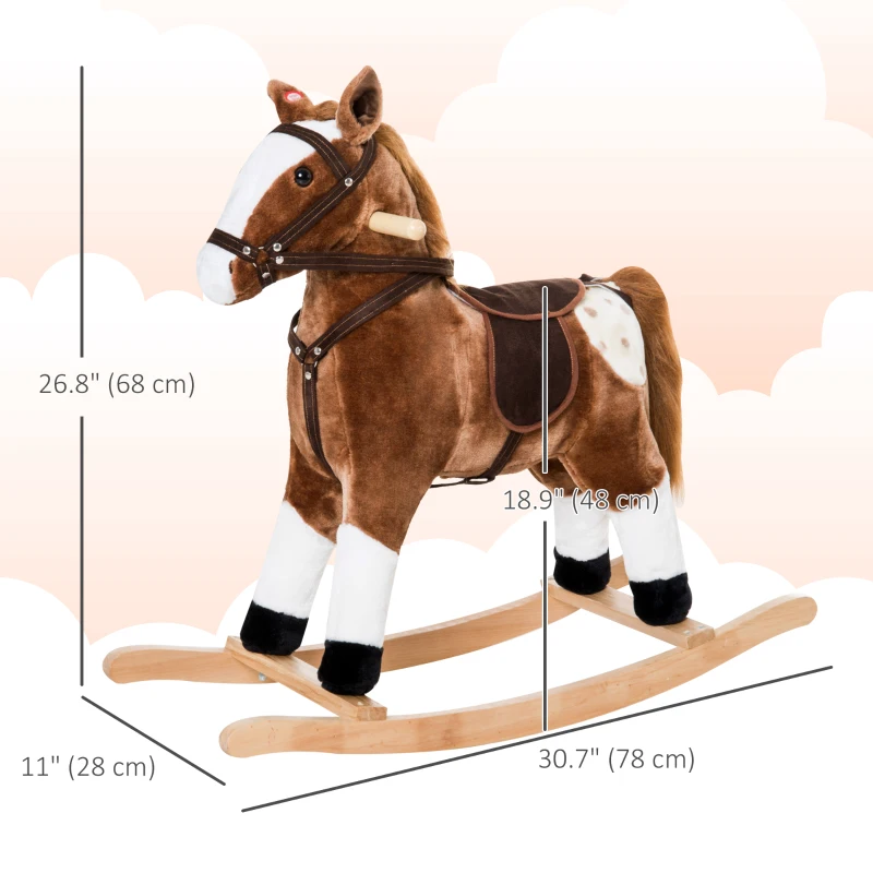 Qaba Baby Rocking Horse, Children Plush Animal Rocker, Kid Ride on Toy with Realistic Sound,  Handle Grip, Brown