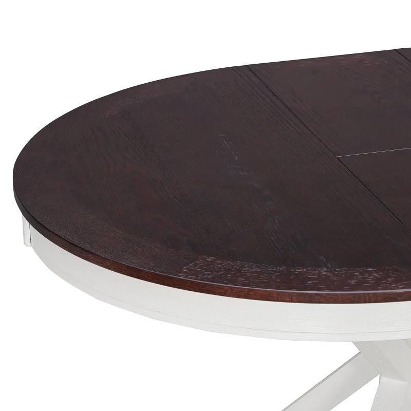 Extendable Dining Table Set with 4 Upholstered Chairs, Stylish Kitchen Table Set with Oak Veneer Top, 54" L x 42" W x 30" H, Off White+Walnut