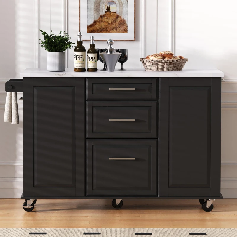 Versatile Kitchen Island with 2-Tier Pull-Out Organizer & 5 Casters, Rolling Kitchen Cart with Drop Leaf, 50.5'' L x 26.5'' W x 35.5'' H, Black