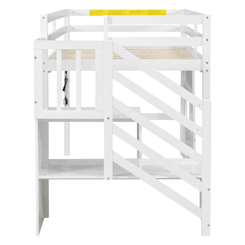 Stylish Twin Loft Bed with Storage Staircase and Window, Sturdy Bunk Bed with Full-Length Guardrails, 95" L x 41.5" W x 50" H, White