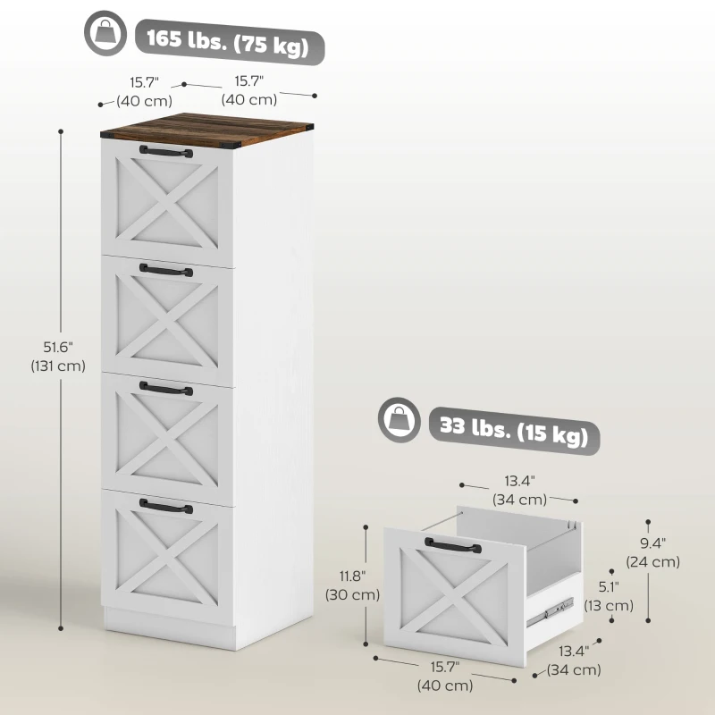 HOMCOM 4 Drawer File Cabinet with Silent Slides, Vertical Farmhouse Filing Cabinet Fits Letter/A4 Size Home Office, White