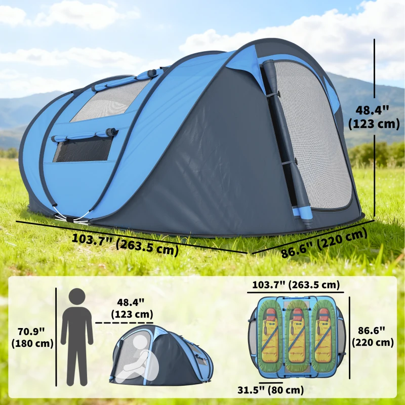 Outsunny 4 Person Camping Tent, Easy Pop Up Tent with Doors, Windows and Carry Bag, Automatic Setup Tent for Hiking, Blue