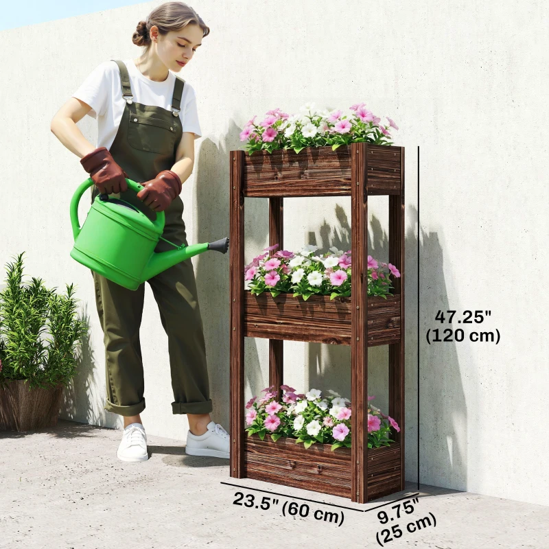 Outsunny 3-Tier Wooden Raised Garden Bed with Legs, 23.6" x 9.8" x 47.2" Elevated Planter Box with Drainage Holes and Bed Liner