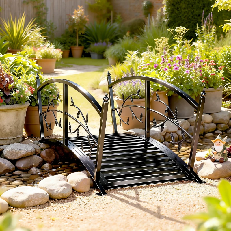 Outsunny 4 FT Metal Garden Bridge with Safety Railings, Outdoor Pond Bridge, Arch Decorative Footbridge for Creek Stream