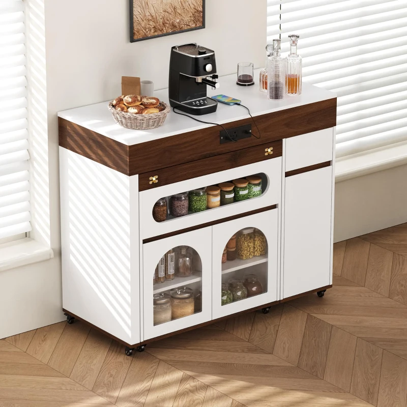 Extendable Rolling Kitchen Island with Folding Top, Versatile Kitchen Cart with Windows, 74" L x 43.5" W x 37.5" H, Creamy White+Walnut