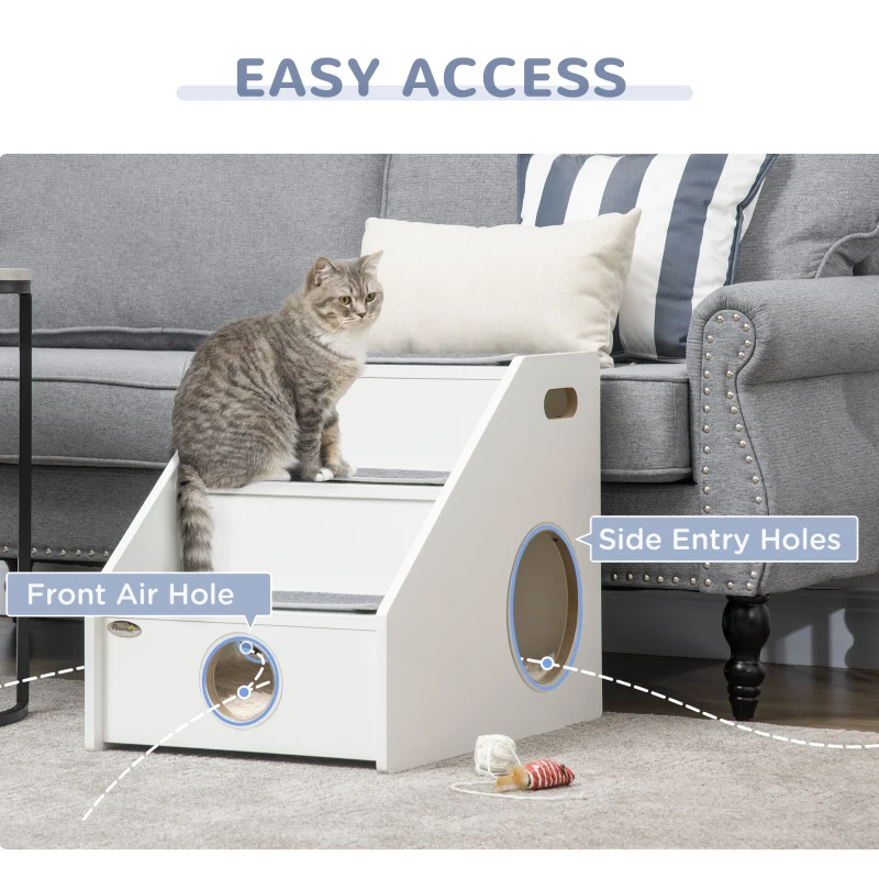 PawHut Pet Stairs for Miniature Dogs Hidden House, Cat Steps for Couch High Bed Sofa, Portable Puppy Stairs for Climbing with Handles, Non-Slip Carpet, Side Holes for Entry, White