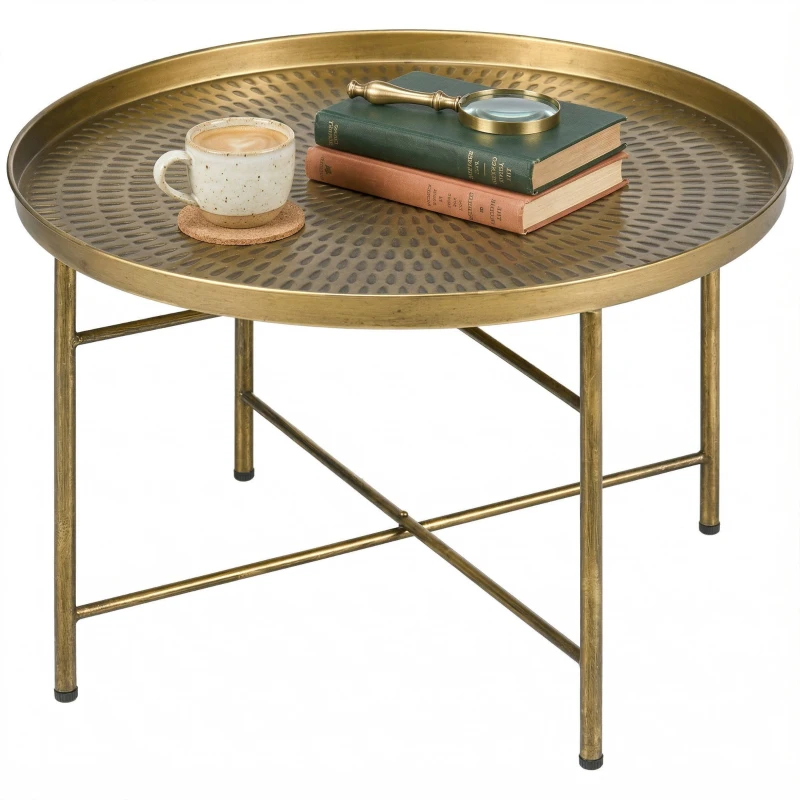 HOMCOM Vintage Coffee Table for Living Room, 24" Round Center Table with Hammered Tray Top and Metal Frame, Gold