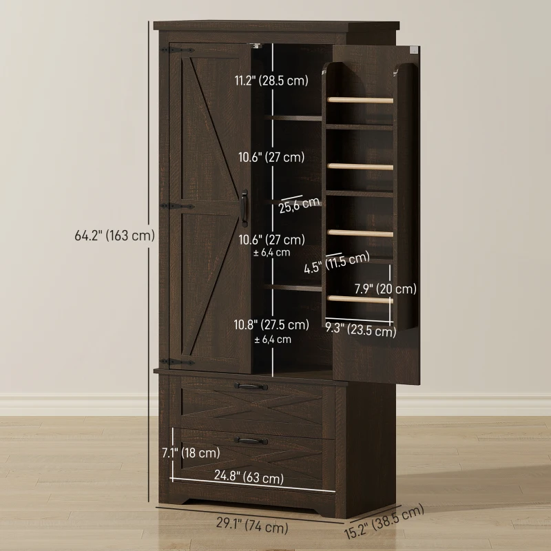 HOMCOM Farmhouse Kitchen Pantry Storage Cabinet, 64" Freestanding Kitchen Pantry Cabinet with Drawers, Distressed Dark Brown