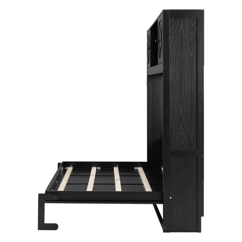 Space-Saving Full Size Murphy Bed with Fold-Down Design, Sturdy Storage Bed with 3 Upper Cabinets, 83" L x 60.5" W x 82" H, Black