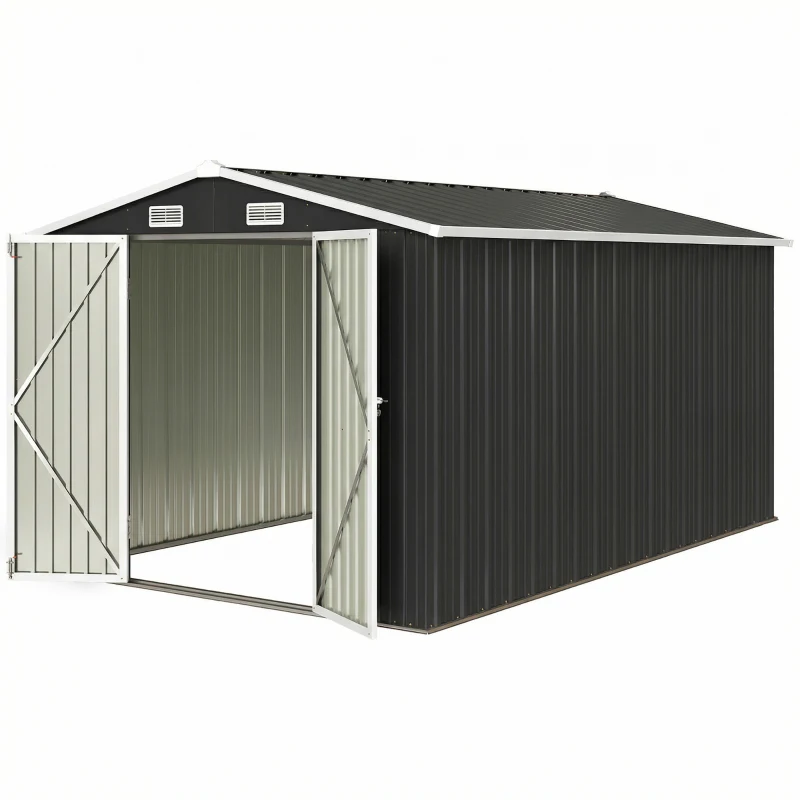 Outsunny 12' x 10' Metal Shed, Heavy Duty Outdoor Storage Shed with 4 Vents and Lockable Double Doors, Dark Grey