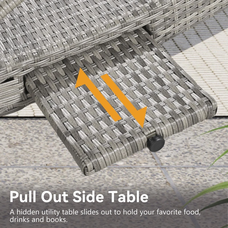 Set of 2 Outdoor Wicker Chaise Lounge with Adjustable Backrest, Ergonomic Recliners with Pull-Out Side Table, 80'' L x 27'' W x 36'' H, Grey