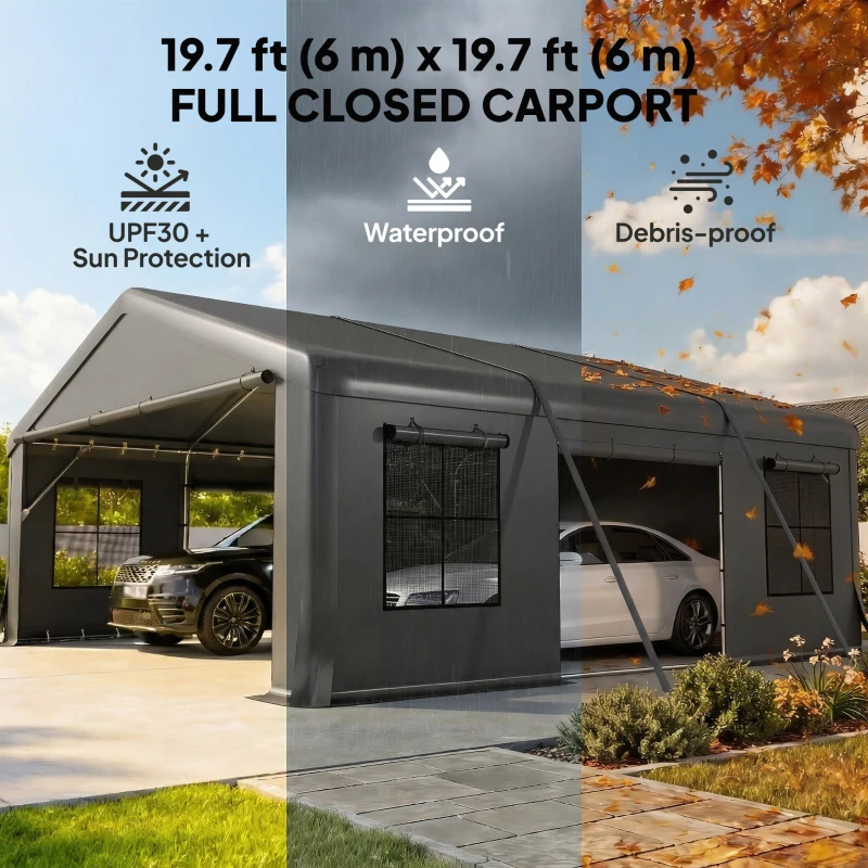 Outsunny 20' x 20' Heavy Duty Carport, Portable Garage Car Canopy Tent Shelter with 3 Roll-up Doors, 4 Windows, Dark Grey