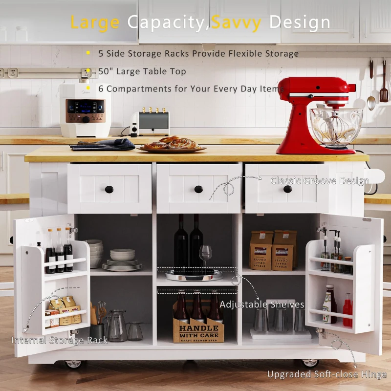 Versatile Kitchen Island with Adjustable Shelves & Drop Leaf, Rolling Kitchen Cart with 5 Hidden Casters, 53'' L x 29.5'' W x 36.5'' H, White