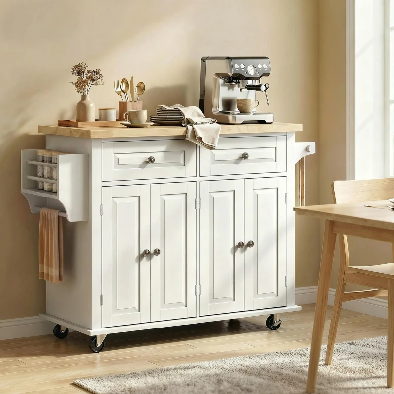 HOMCOM 44" Mobile Kitchen Island Table, Kitchen Island Cart on Wheels with Storage Cabinets, 2 Drawers, White