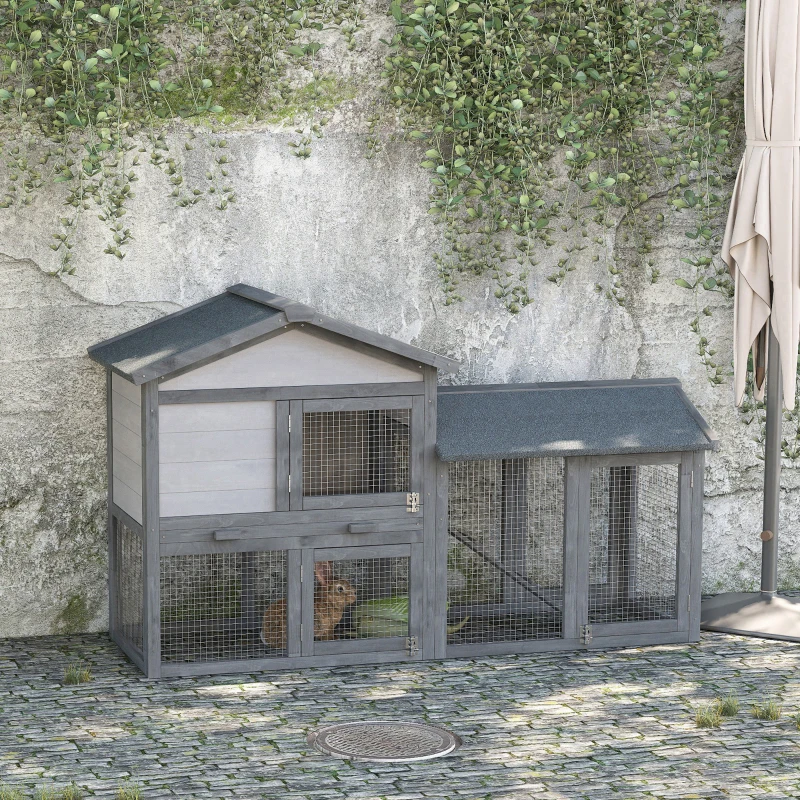 PawHut 58" Large Rabbit Hutch Outdoor Indoor, Wooden Bunny Hutch, Guinea Pig Cage with Run, Removable Tray, Asphalt Roof, Lockable Doors and Ramp, for 1-2 Small Rabbits, Chickens, Ducks, Dark Gray