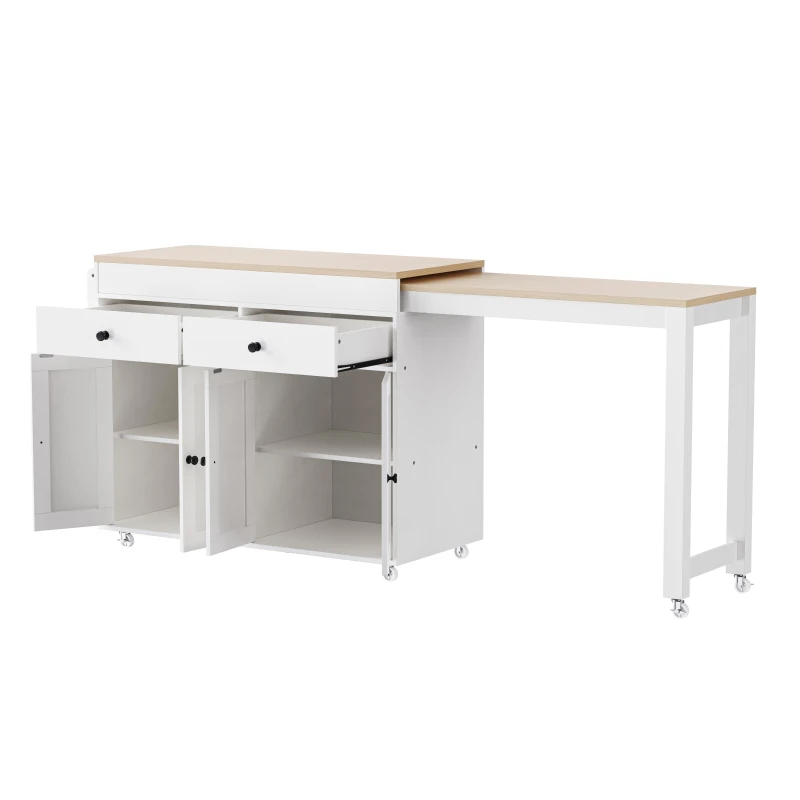 Space-Saving Kitchen Cart with Extendable Dining Table, Rolling Kitchen Island with Ample Storage, 74.5'' L x 19.5'' W x 36'' H, Off White
