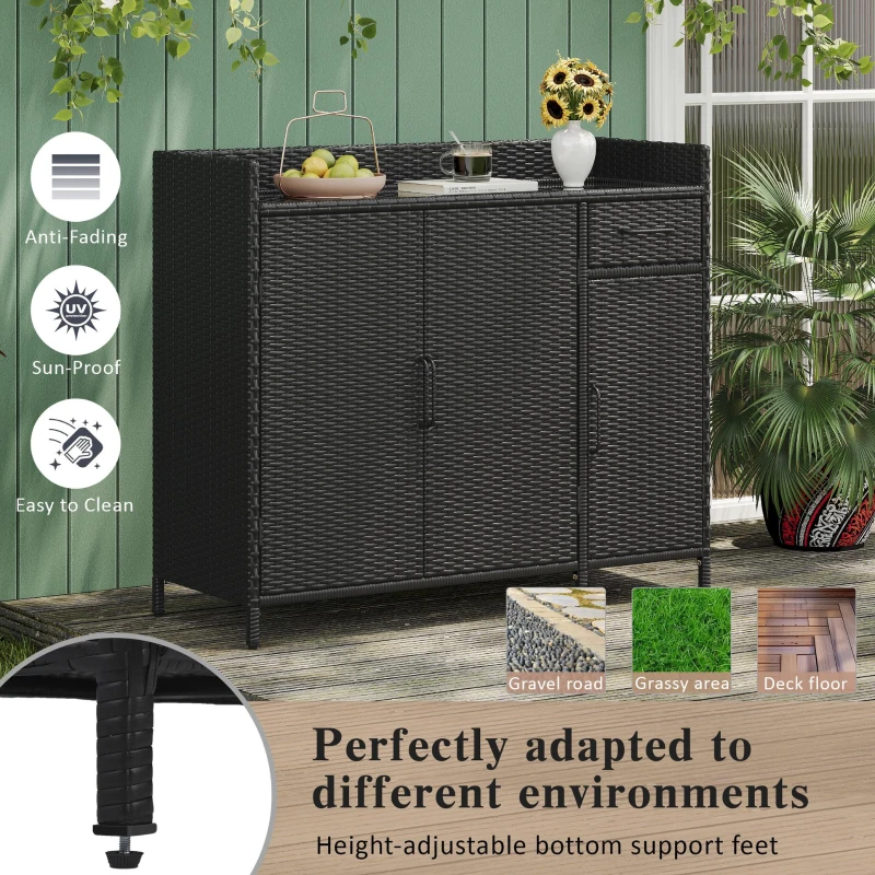 Outdoor Wicker Storage Cabinet with 3-Tier Adjustable Shelves, Stylish Bar Table for Garden, 47.5'' L x 16'' W x 39.5'' H, Black Brown