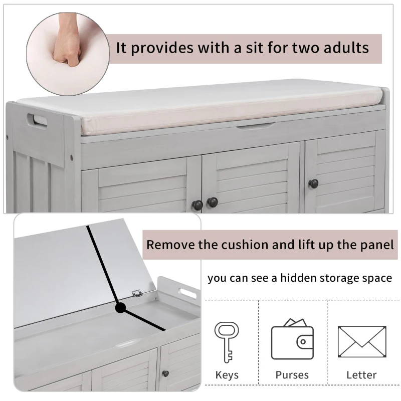 Rustic Storage Bench with Removable Linen-Blend Cushion, Functional Entryway Bench for Living Room, 43.5" L x 16" W x 18" H, Gray Wash