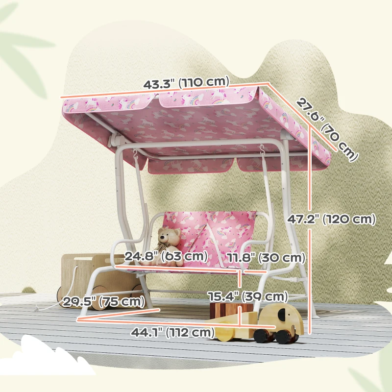 Qaba Kids Porch Swing, 2-Seater Patio Swing Bench with Safety Belts, Adjustable Canopy for Backyard, Garden, Pink