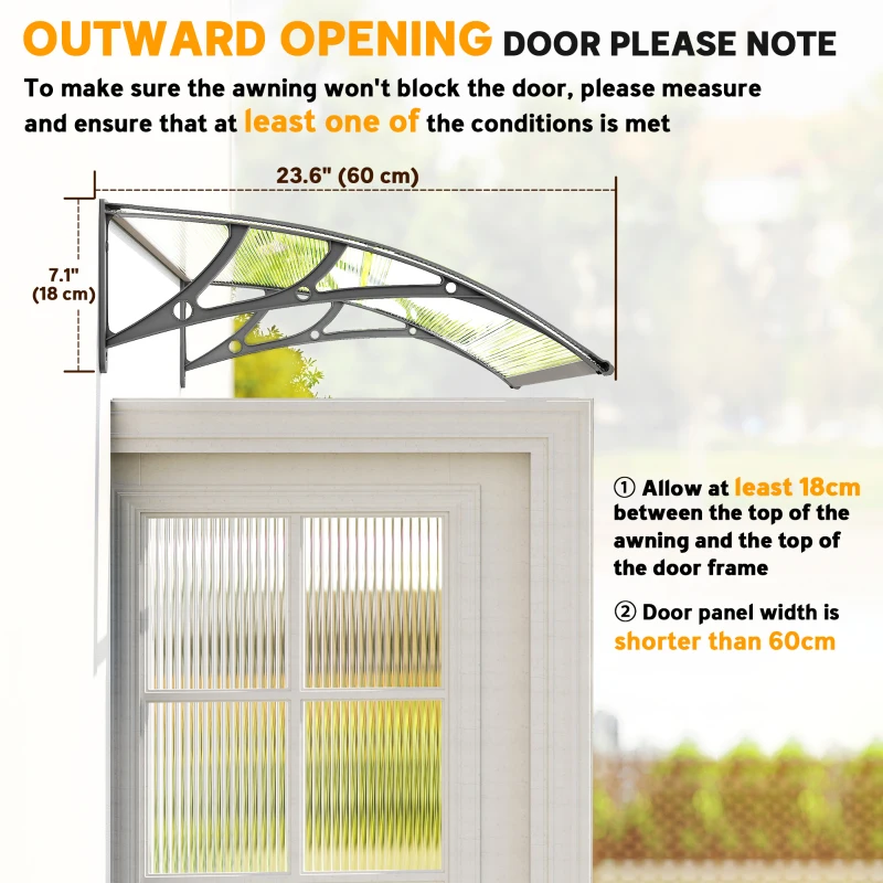 Outsunny Window Awning Door Canopy, Polycarbonate Front Door Outdoor Patio Cover, Sun Shelter, Hollow Sheet, 43.3" x 23.6", Clear
