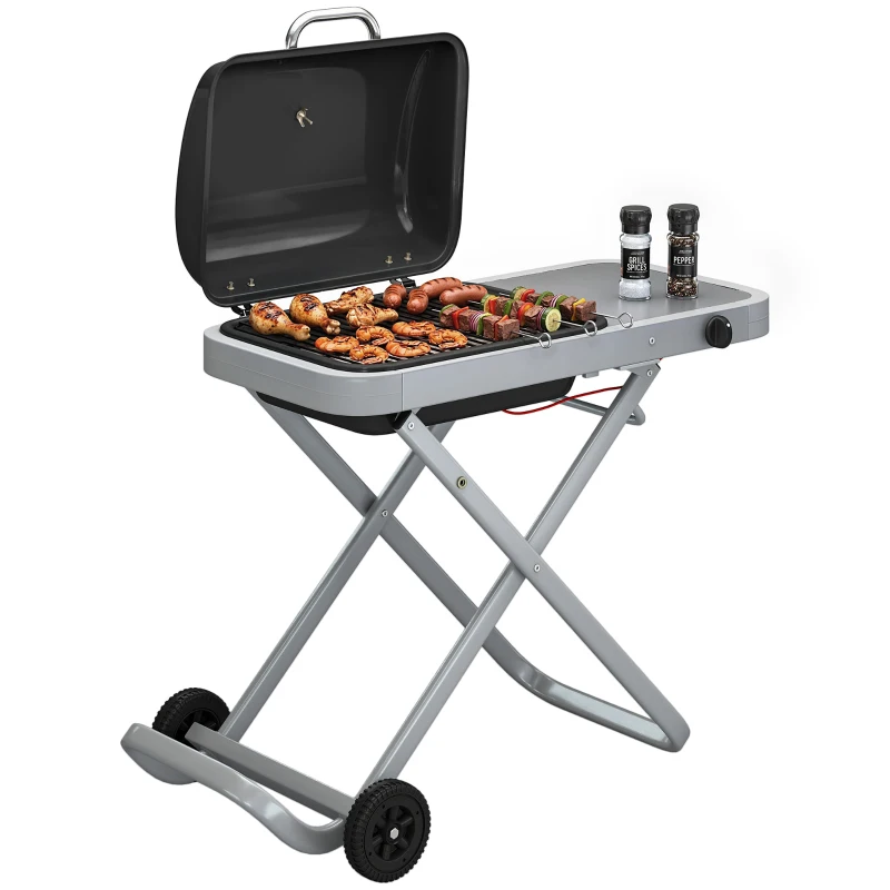 Outsunny Portable Propane Gas BBQ Grill with Foldable Cart, Wheels, 9500 BTU Gas Barbecue Grill with Piezo Ignition Burner, Black