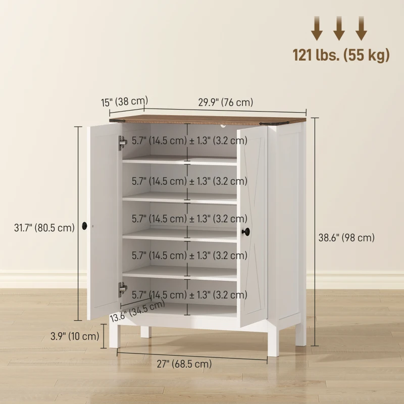 HOMCOM Shoe Cabinet with Barn Doors, Farmhouse Shoe Storage Cabinet with Adjustable Shelves, Holds up to 15 Pairs, White