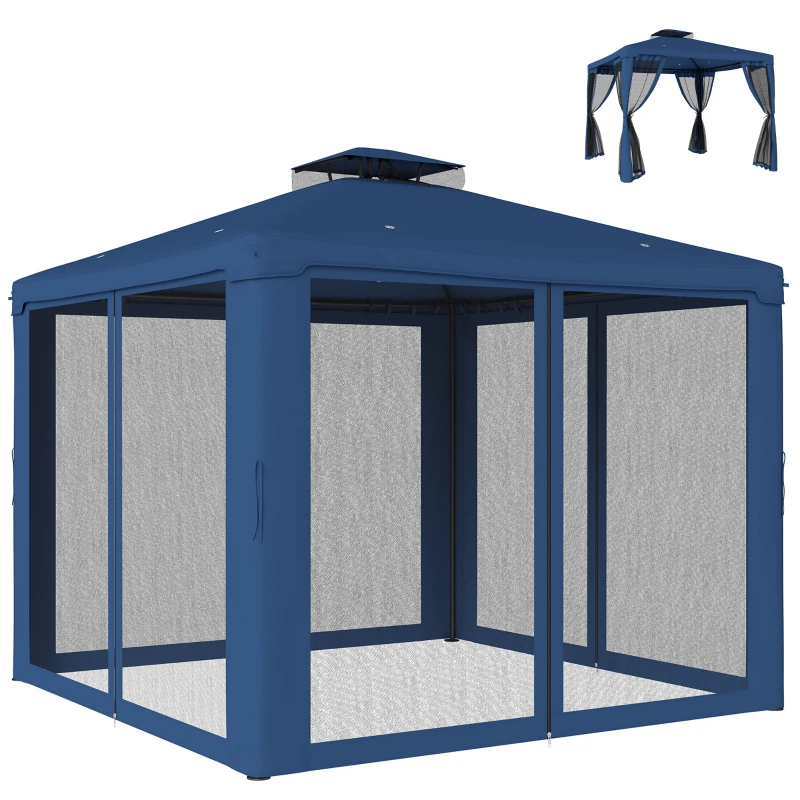 Outsunny 9.6' x 9.6' Patio Gazebo Outdoor Pavilion 2 Tire Roof Canopy Shelter Garden, Steel Frame w/ Mosquito Netting, Dark Blue